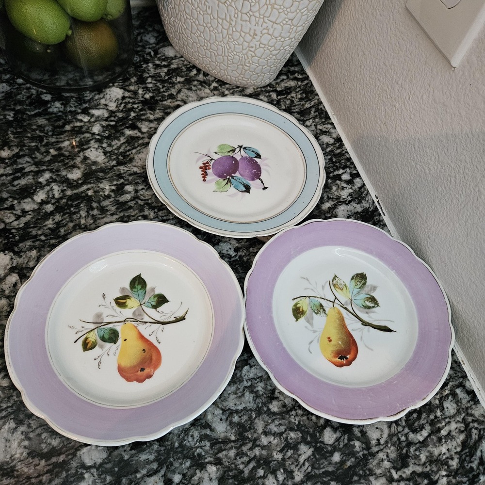 Antique Hand Painted Limoges‎ Porcelain Fruit Motifs Dessert Plates